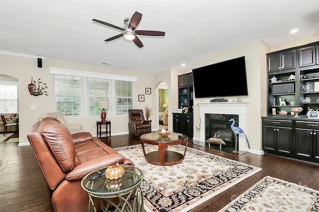 12014 Belmont Mansion Dr, Charlotte, NC 28273 - living room with arched walkways, ceiling fan, a fireplace with flush hearth, dark wood-style floors, and baseboards