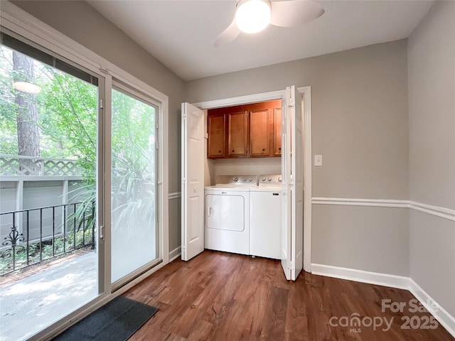 2619 Quailrush Rd, Charlotte, NC 28226 - washroom featuring cabinet space, washing machine and clothes dryer, baseboards, dark wood-style flooring, and ceiling fan
