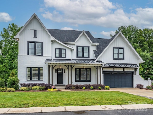 9426 Greyson Ridge Dr, Charlotte, NC 28277 - modern farmhouse featuring roof with shingles, a standing seam roof, concrete driveway, a garage, and a front lawn