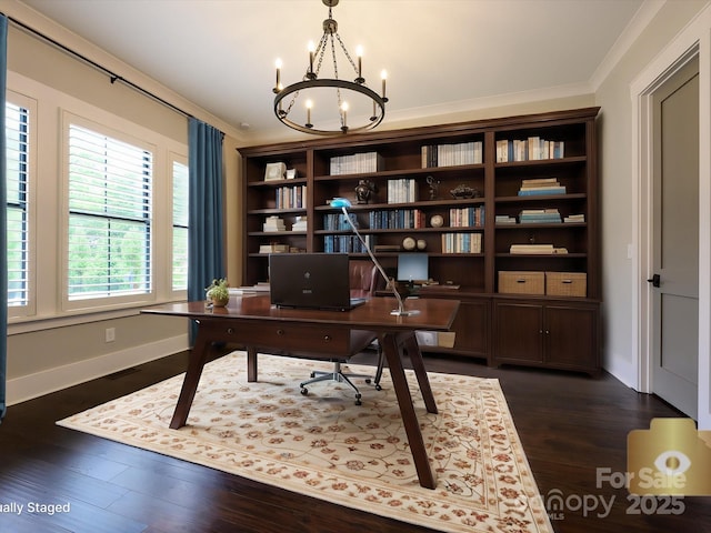 9426 Greyson Ridge Dr, Charlotte, NC 28277 - office with a chandelier, ornamental molding, dark wood-style floors, and baseboards