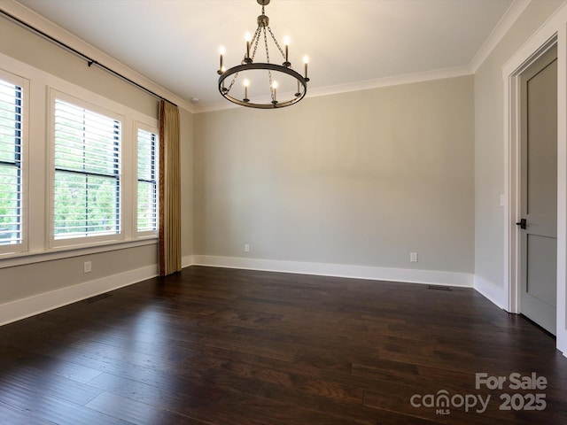 9426 Greyson Ridge Dr, Charlotte, NC 28277 - unfurnished room featuring a chandelier, ornamental molding, dark wood-style flooring, and baseboards