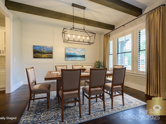 9426 Greyson Ridge Dr, Charlotte, NC 28277 - dining area featuring beam ceiling, baseboards, and dark wood-type flooring