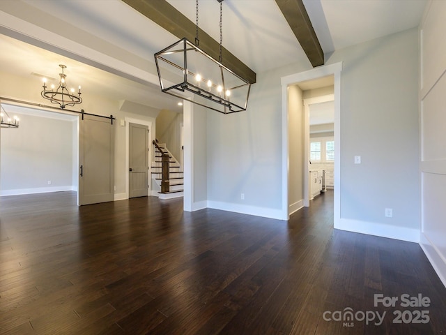 9426 Greyson Ridge Dr, Charlotte, NC 28277 - unfurnished living room featuring a chandelier, a barn door, beamed ceiling, dark wood finished floors, and stairway