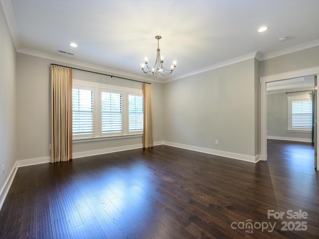 9426 Greyson Ridge Dr, Charlotte, NC 28277 - spare room with a chandelier, ornamental molding, baseboards, dark wood-style flooring, and a smoke detector