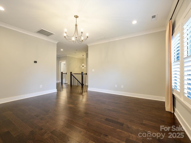 9426 Greyson Ridge Dr, Charlotte, NC 28277 - empty room featuring a chandelier, ornamental molding, dark wood-style floors, baseboards, and recessed lighting