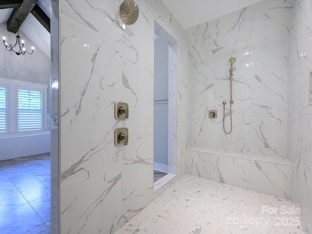 9426 Greyson Ridge Dr, Charlotte, NC 28277 - full bathroom with a marble finish shower, a chandelier, and beam ceiling