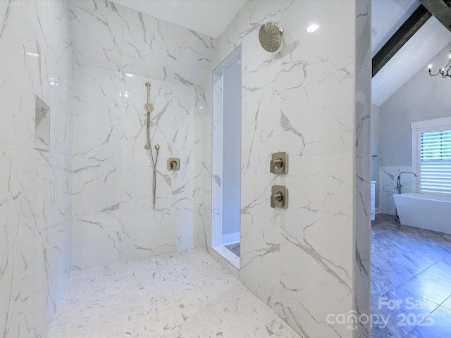 9426 Greyson Ridge Dr, Charlotte, NC 28277 - full bath with a marble finish shower, a freestanding tub, lofted ceiling, and tile walls