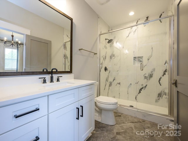 9426 Greyson Ridge Dr, Charlotte, NC 28277 - full bathroom with a marble finish shower, vanity, toilet, marble finish flooring, and recessed lighting