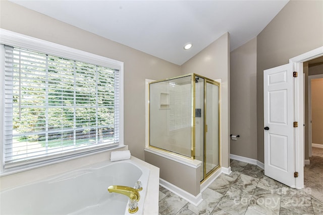 4637 Shannamara Dr, Matthews, NC 28104 - bathroom featuring a shower stall, a garden tub, and baseboards