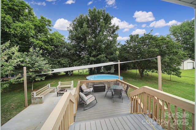 842 Cherry Rd S, Rock Hill, SC 29732 - deck featuring outdoor dining area, a yard, a fire pit, and view of wooded area