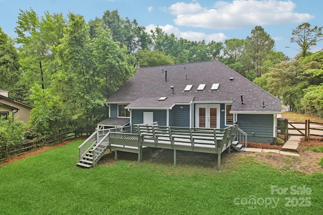 8338 Rittenhouse Cir, Charlotte, NC 28270 - back of property featuring french doors, a wooden deck, a shingled roof, and stairs
