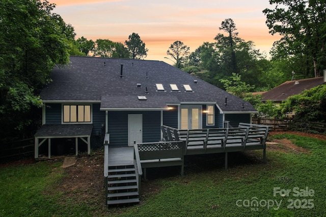 8338 Rittenhouse Cir, Charlotte, NC 28270 - rear view of property featuring a wooden deck, a shingled roof, and french doors