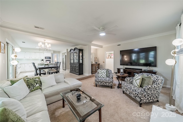 9920 White Cascade Dr, Charlotte, NC 28269 - living room featuring ornamental molding, a chandelier, light colored carpet, ceiling fan, and baseboards