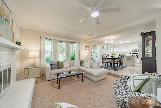 9920 White Cascade Dr, Charlotte, NC 28269 - living room featuring a chandelier, ceiling fan, ornamental molding, a fireplace, and light carpet