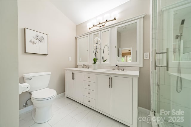 9920 White Cascade Dr, Charlotte, NC 28269 - full bath with marble finish flooring, baseboards, double vanity, toilet, and a shower with shower door