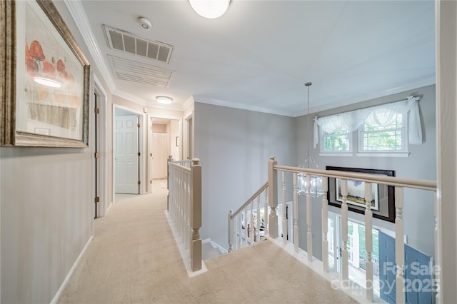 9920 White Cascade Dr, Charlotte, NC 28269 - hallway with an upstairs landing, ornamental molding, carpet flooring, and baseboards