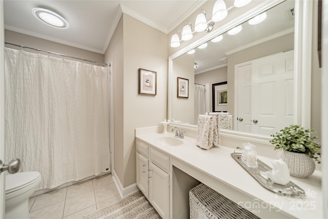 9920 White Cascade Dr, Charlotte, NC 28269 - bathroom featuring vanity, toilet, tile patterned floors, ornamental molding, and curtained shower