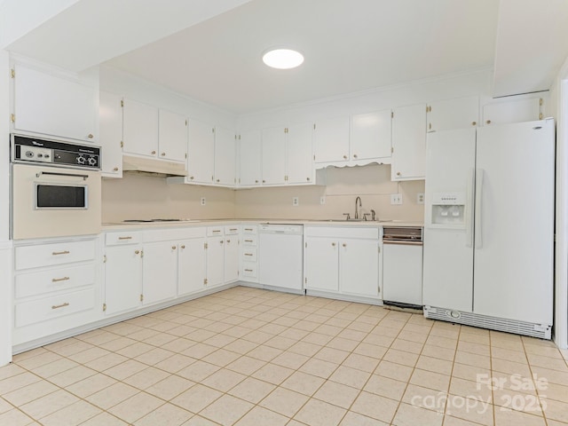 6817 Dumbarton Dr, Charlotte, NC 28210 - kitchen with white appliances, a sink, light countertops, under cabinet range hood, and white cabinets