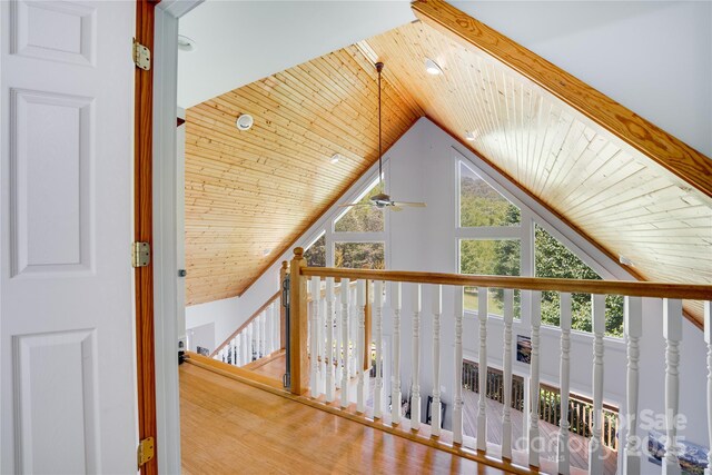 21 Kylie Grace Ln, Candler, NC 28715 - hallway featuring wooden ceiling, an upstairs landing, and high vaulted ceiling