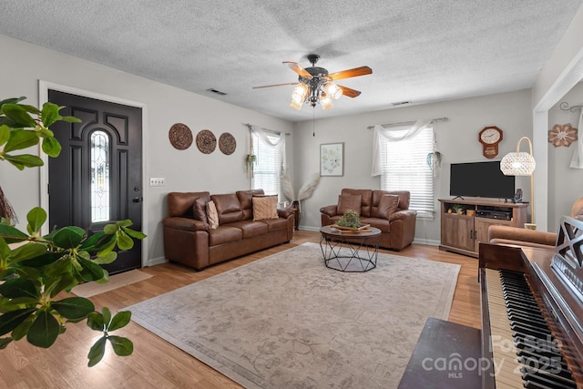 716 Mooresville Rd, Salisbury, NC 28144 - living room featuring a ceiling fan, light wood-type flooring, and a textured ceiling