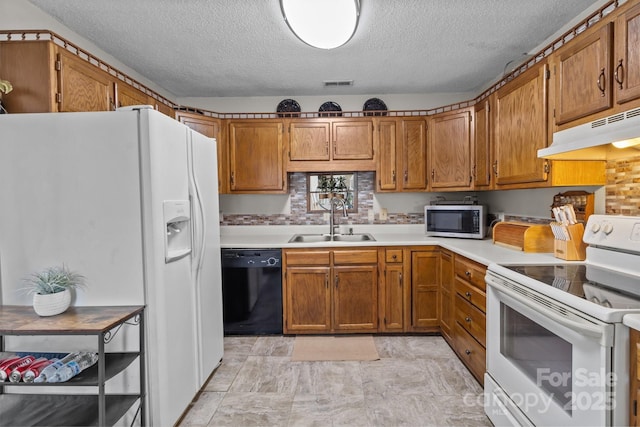716 Mooresville Rd, Salisbury, NC 28144 - kitchen with white appliances, a sink, exhaust hood, a textured ceiling, and brown cabinetry