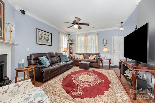 411 Summergate Dr Unit 78, Winston Salem, NC 27103 - living room featuring ceiling fan, wood finished floors, crown molding, a fireplace, and baseboards
