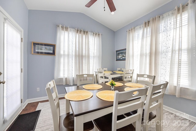 411 Summergate Dr Unit 78, Winston Salem, NC 27103 - dining room featuring lofted ceiling, a ceiling fan, baseboards, and wood finished floors