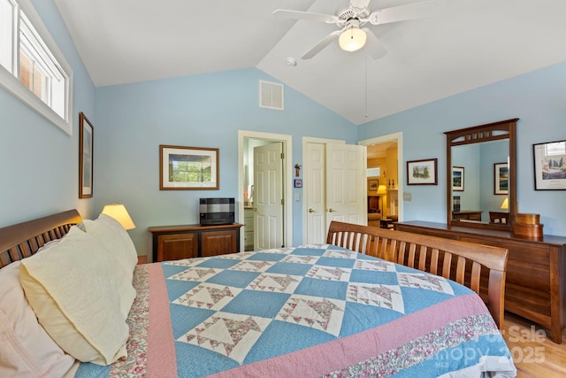 40 Avonlea Ln, Flat Rock, NC 28731 - bedroom featuring wood finished floors, high vaulted ceiling, and ceiling fan