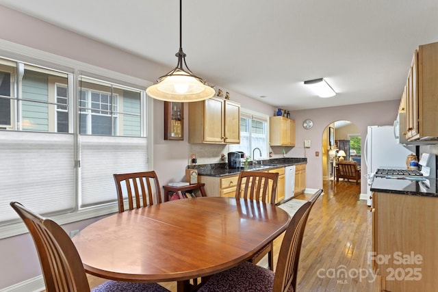 40 Avonlea Ln, Flat Rock, NC 28731 - dining room with arched walkways, light wood-style floors, and baseboards