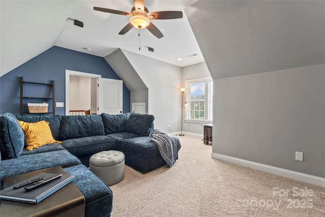 9125 Dylan Ridge Ct, Concord, NC 28027 - carpeted living room featuring lofted ceiling, baseboards, and a ceiling fan