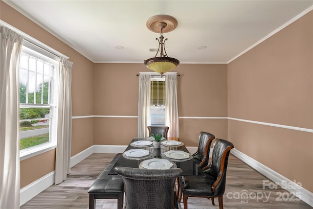 224 E Steele St, Salisbury, NC 28144 - dining area featuring baseboards, healthy amount of natural light, light wood-type flooring, and ornamental molding