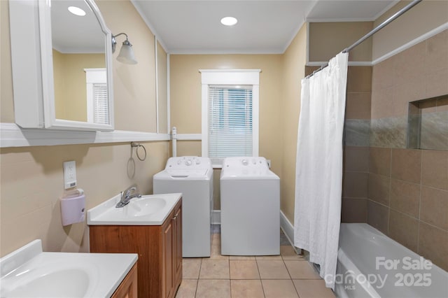224 E Steele St, Salisbury, NC 28144 - bathroom featuring washer and clothes dryer, vanity, tile patterned flooring, shower / bathtub combination with curtain, and ornamental molding