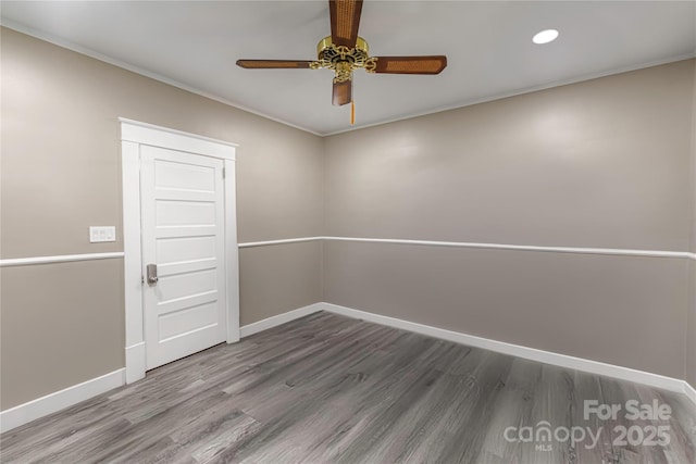 224 E Steele St, Salisbury, NC 28144 - empty room featuring baseboards, wood finished floors, recessed lighting, ceiling fan, and ornamental molding