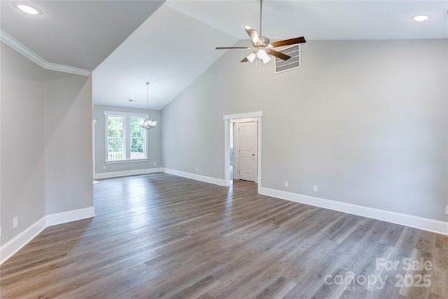 501 Old Speedway Dr NW Unit 1, Concord, NC 28027 - unfurnished living room featuring baseboards, a chandelier, ceiling fan, wood finished floors, and recessed lighting