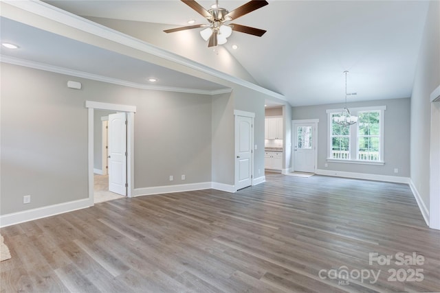 501 Old Speedway Dr NW Unit 1, Concord, NC 28027 - unfurnished living room with a chandelier, lofted ceiling, baseboards, a ceiling fan, and recessed lighting