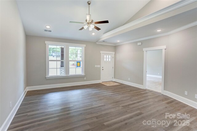 501 Old Speedway Dr NW Unit 1, Concord, NC 28027 - entrance foyer featuring vaulted ceiling, ceiling fan, baseboards, wood finished floors, and recessed lighting
