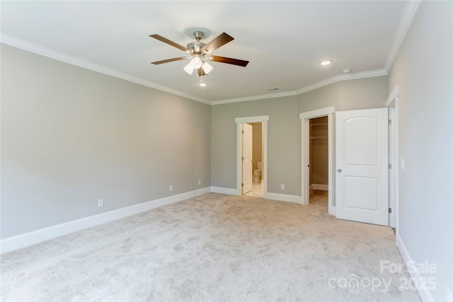 501 Old Speedway Dr NW Unit 1, Concord, NC 28027 - unfurnished bedroom with recessed lighting, crown molding, a spacious closet, baseboards, and light carpet