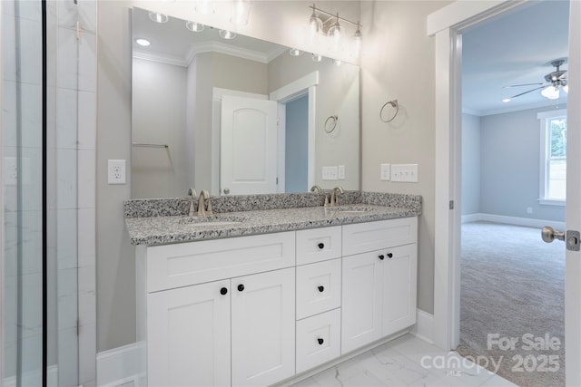 501 Old Speedway Dr NW Unit 1, Concord, NC 28027 - full bath with ornamental molding, double vanity, baseboards, ceiling fan, and marble finish flooring