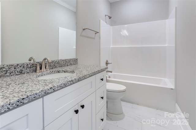 501 Old Speedway Dr NW Unit 1, Concord, NC 28027 - bathroom with marble finish flooring, vanity, toilet, bathing tub / shower combination, and crown molding
