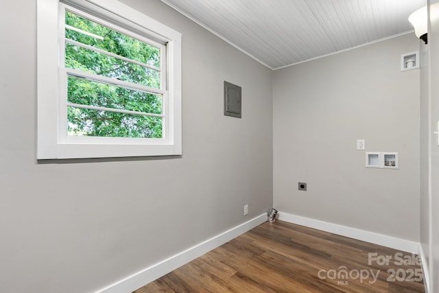 73 20th Ave SW, Hickory, NC 28602 - laundry area with electric dryer hookup, crown molding, washer hookup, baseboards, and wood finished floors