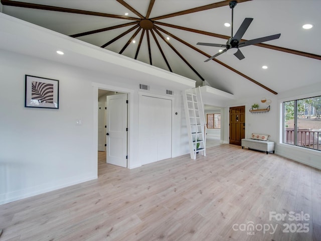 2143 Manawa Ln, Tega Cay, SC 29708 - unfurnished living room featuring high vaulted ceiling, beam ceiling, recessed lighting, baseboards, and french doors