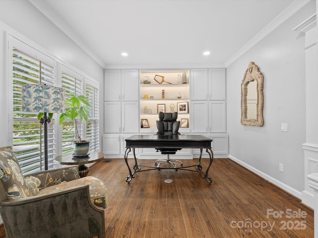 2821 Providence Spring Ln, Charlotte, NC 28270 - office area with dark wood-style flooring, ornamental molding, baseboards, and recessed lighting
