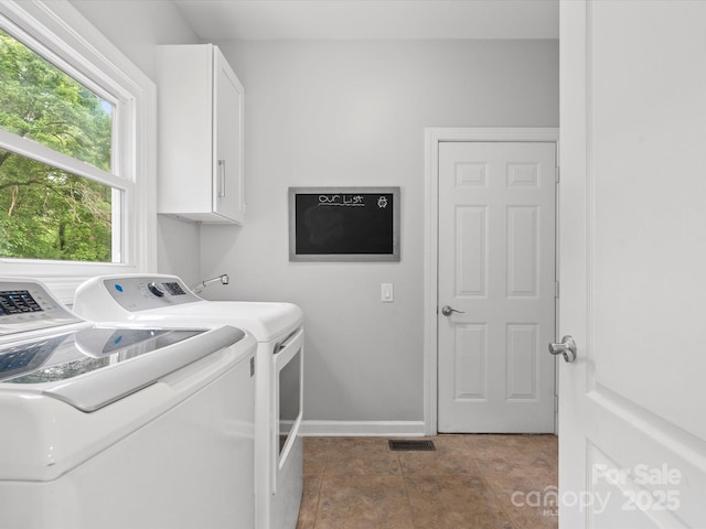 2821 Providence Spring Ln, Charlotte, NC 28270 - laundry room featuring cabinet space, washer and clothes dryer, and baseboards