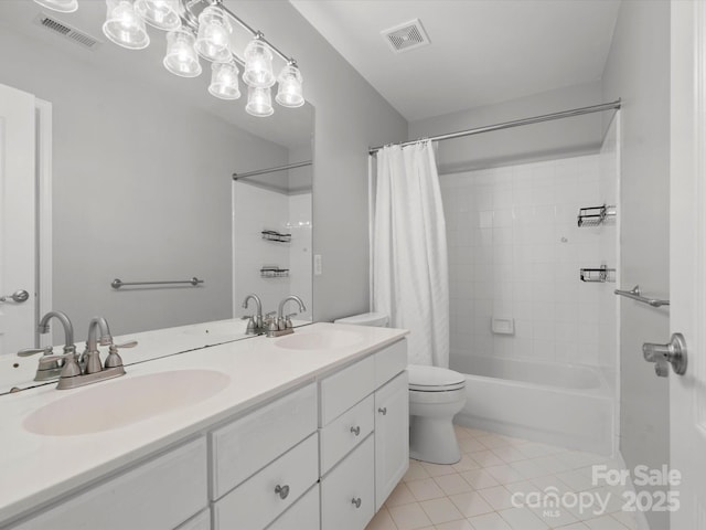 2821 Providence Spring Ln, Charlotte, NC 28270 - full bath featuring tile patterned flooring, double vanity, shower / bathtub combination with curtain, and toilet