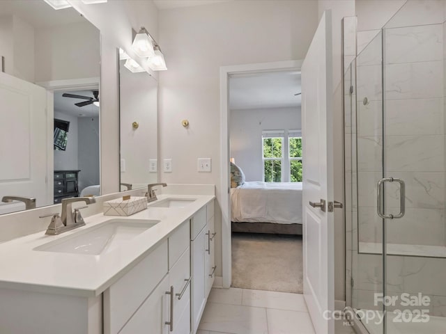 513 Cubitt Ct, Charlotte, NC 28205 - bathroom featuring ensuite bathroom, double vanity, a stall shower, and a ceiling fan