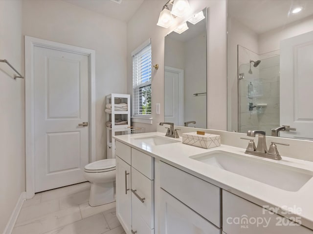 513 Cubitt Ct, Charlotte, NC 28205 - bathroom featuring toilet, tiled shower, double vanity, marble look tile flooring, and baseboards