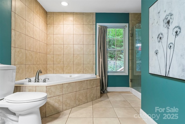 32 Evita Cove Rd, Weaverville, NC 28787 - full bathroom with tile patterned floors, toilet, a shower stall, a relaxing tiled tub, and recessed lighting