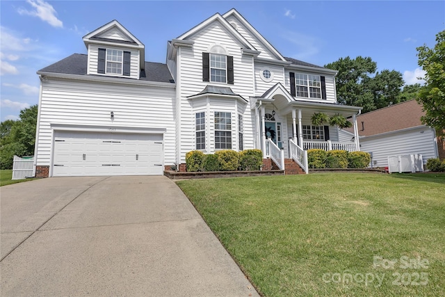 12303 Shadow Ridge Ln, Charlotte, NC 28273 - traditional home with driveway, covered porch, a front yard, and a shingled roof