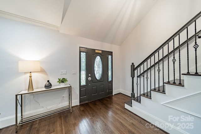 1121 S Wendover Rd, Charlotte, NC 28211 - entryway with stairs, baseboards, wood finished floors, and high vaulted ceiling