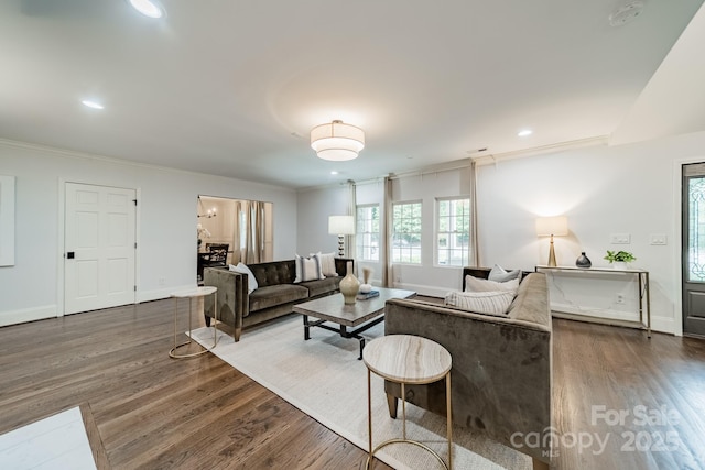 1121 S Wendover Rd, Charlotte, NC 28211 - living room with dark wood-type flooring, baseboards, ornamental molding, and recessed lighting